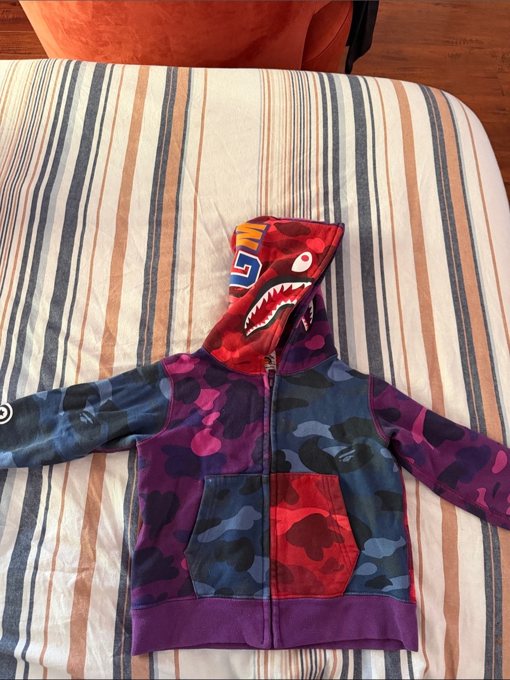 Bape Kids Shark Hoodie in Purple, Blue, Red Camo
